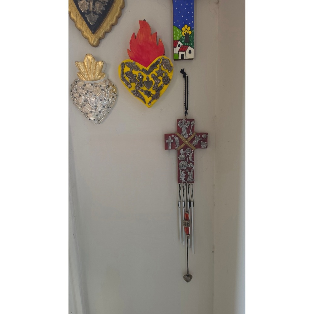 Mexican Milagros Wood Cross Wind Chime Red Silver Religious Folk Art Wall Decor